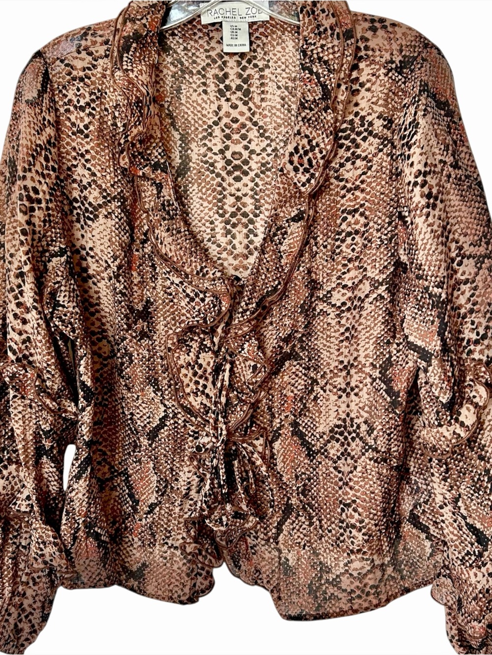 Rachel Zoe Snake Print Ruffle Blouse Lace Up Front M